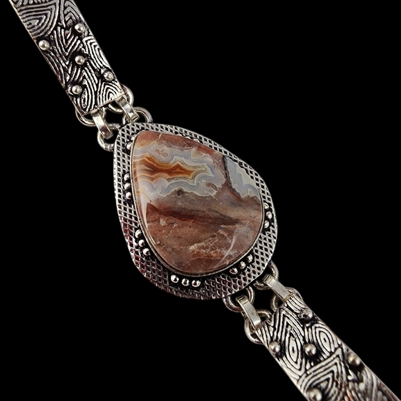 Agate gemstone bracelet silver chunky statement artisan crazy lace agate J30 - Picture 11 of 15